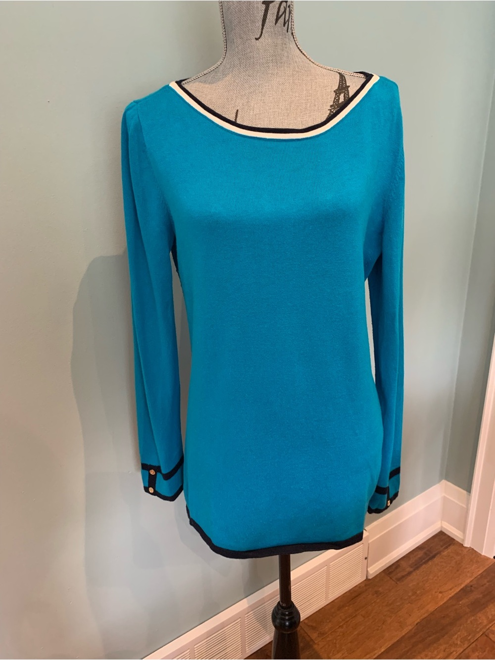 Jones New York Turquoise Long-Sleeve Boatneck Top with Navy & White Trim